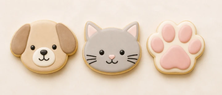 Dog, cat and paw cookie examples