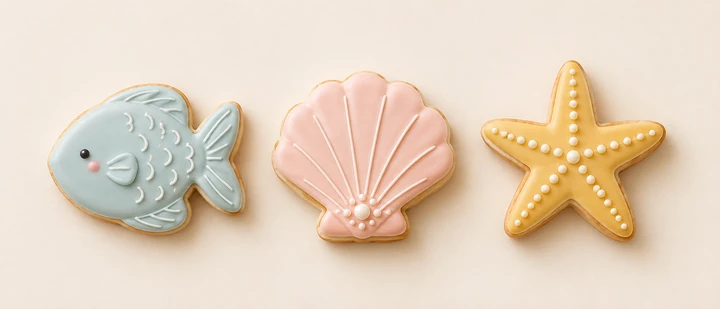 Fish, shell and starfish cookie examples