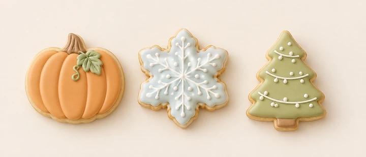 Seasonal pumpkin, snowflake and tree cookie examples